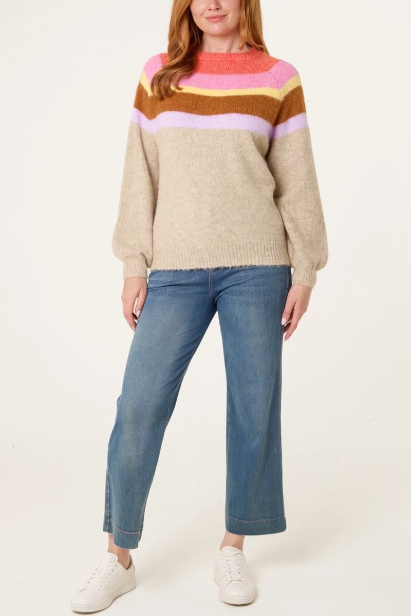 Multicolor Stripe Balloon Sleeve Jumper